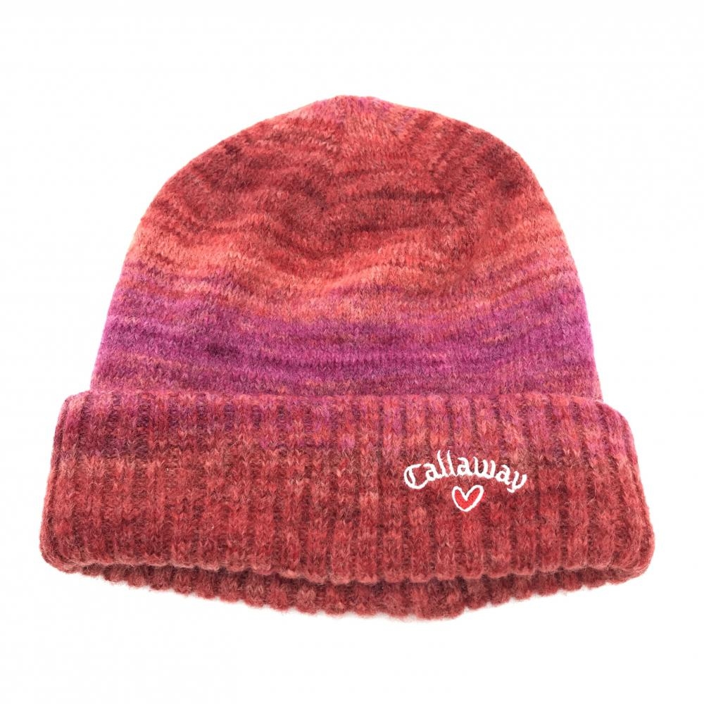 【超美品】キャロウェイ ニット帽 レッド×ピンク系 ウール混 ハート刺しゅう レディース FR ゴルフウェア Callaway