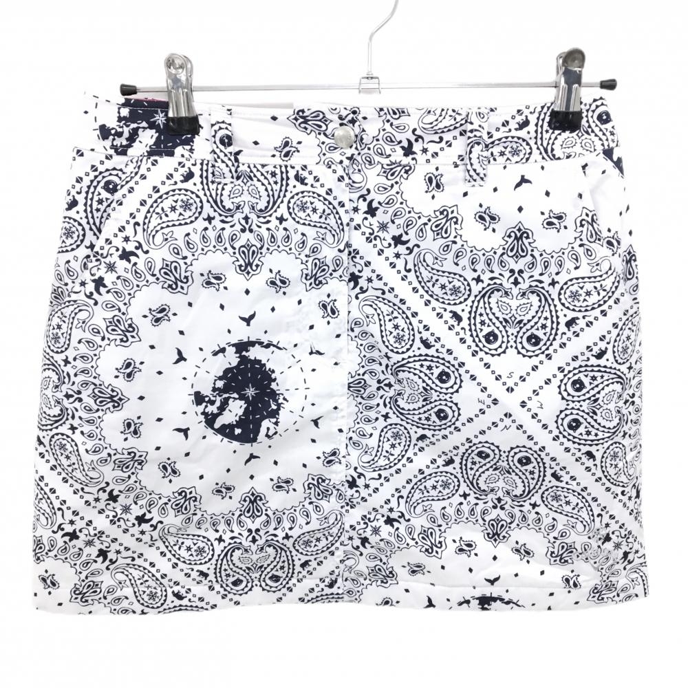 キャロウェイ 中綿スカート 白×ネイビー ペイズリー柄 裾ロゴ刺しゅう 薄中綿  レディース L ゴルフウェア Callaway