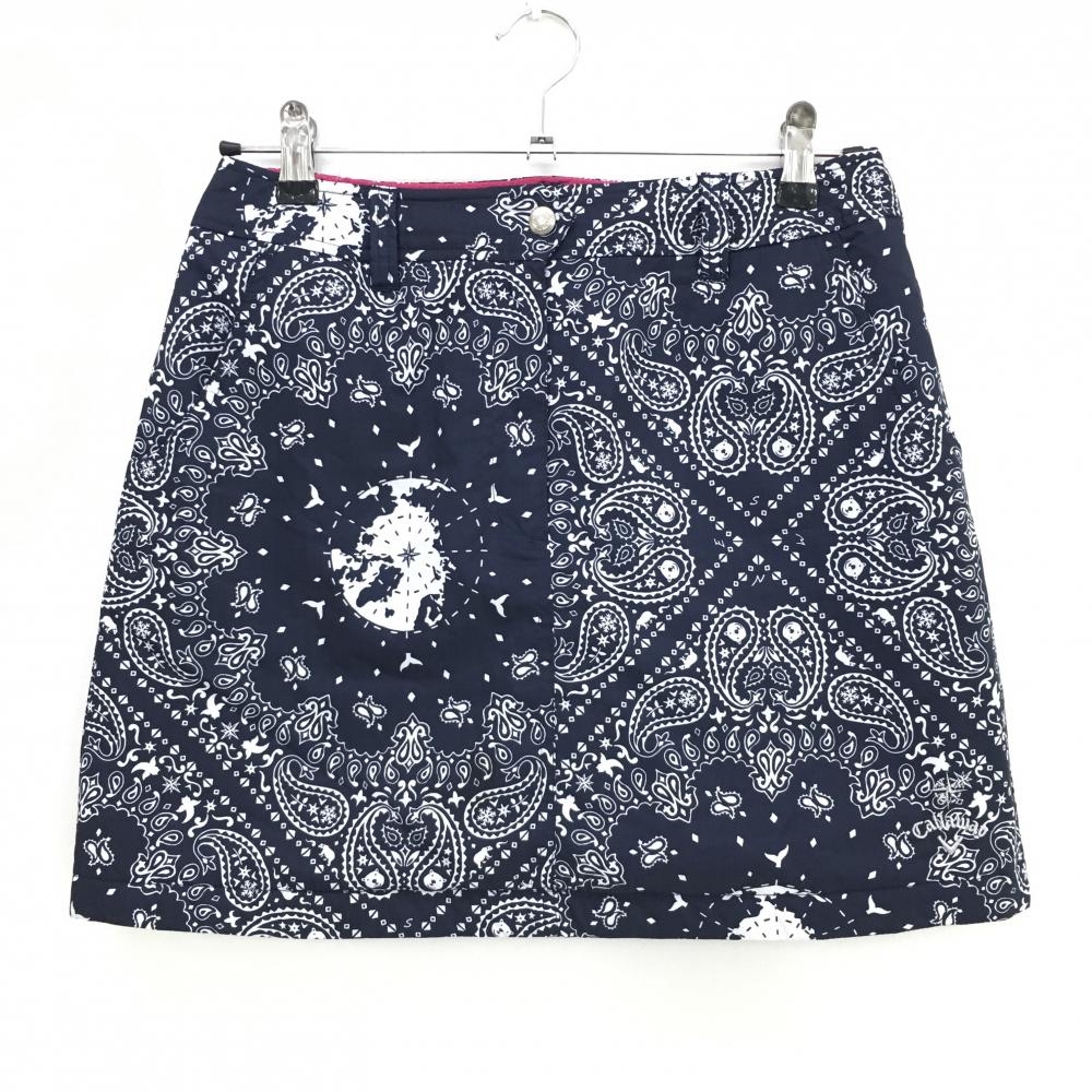【超美品】キャロウェイ 中綿スカート ネイビー×白 ペイズリー柄 裾ロゴ 薄中綿 レディース L ゴルフウェア Callaway