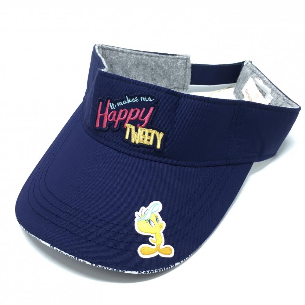【新品】サマンサタバサUNDER25×LOONYTUNES サンバイザー ネイビー TWEETY 内側パイル地 レディース F ゴルフウェア Samantha Thavasa