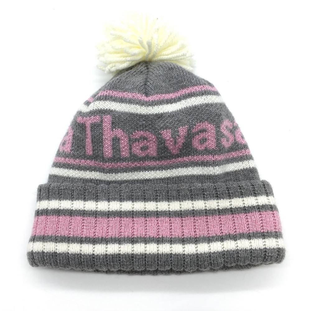 【超美品】サマンサタバサ ボンボン付きニット帽 グレー×ピンク ウール混 レディース F ゴルフウェア Samantha Thavasa