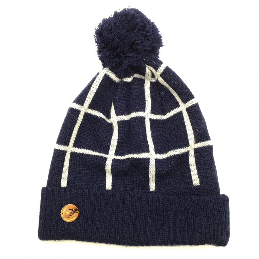 【超美品】サマンサタバサ ニット帽 ネイビー×白 格子柄 ボンボン付き ウール混 レディース F ゴルフウェア Samantha Thavasa