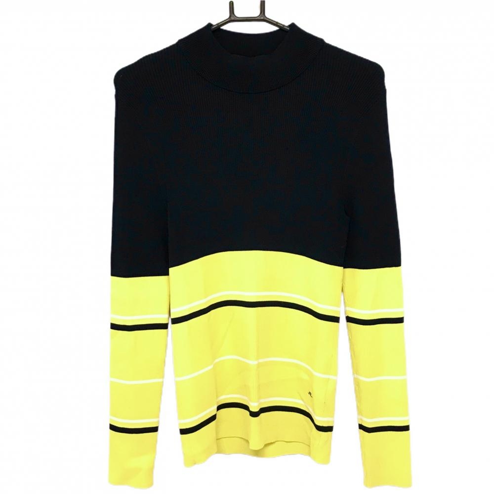 【超美品】ジェイリンドバーグ ハイネックセーター ネイビー×イエロー 一部ボーダー ニット レディース L ゴルフウェア J．LINDEBERG