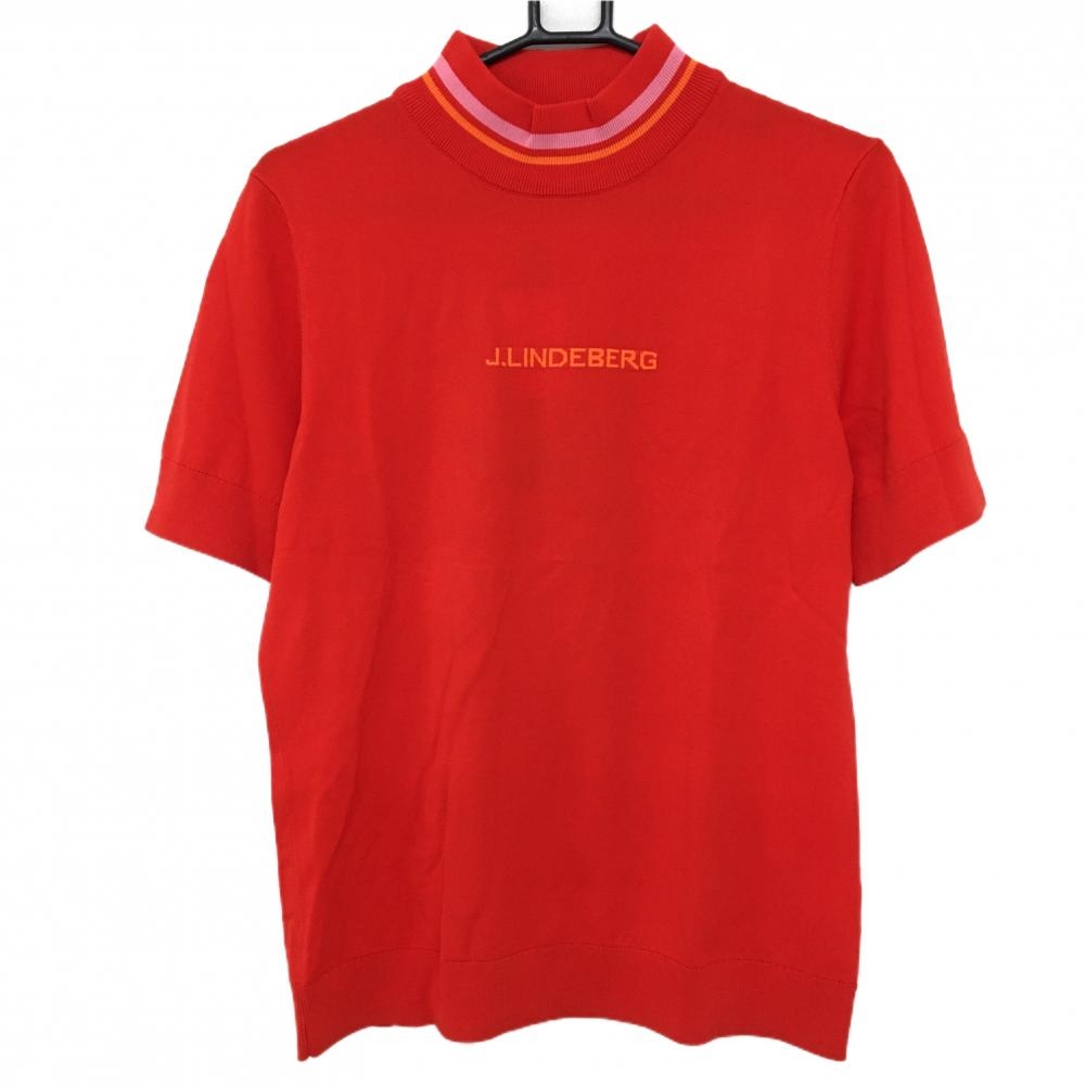 【新品】ジェイリンドバーグ 半袖ハイネックセーター レッド ニット ネックライン レーヨン混 レディース L ゴルフウェア J．LINDEBERG