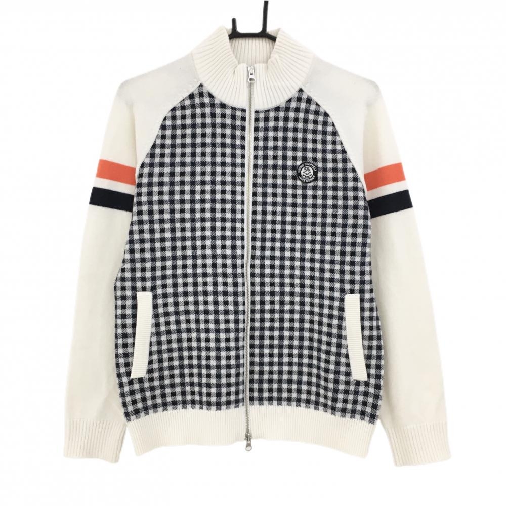 ジャックバニー ニットジャケット 白×黒 身頃チェック  レディース 2(L) ゴルフウェア Jack Bunny