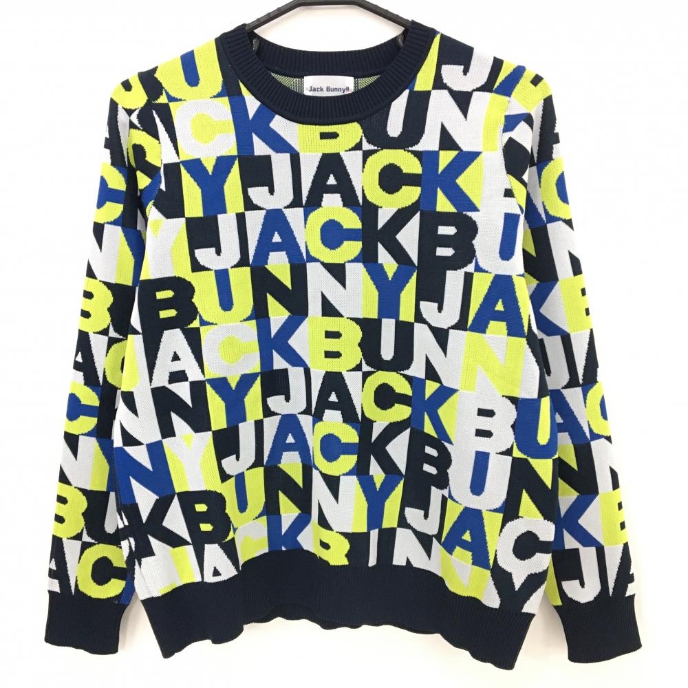 【超美品】ジャックバニー セーター 白×ネイビー×イエロー系 英字総柄 ニット レディース 2(L) ゴルフウェア Jack Bunny