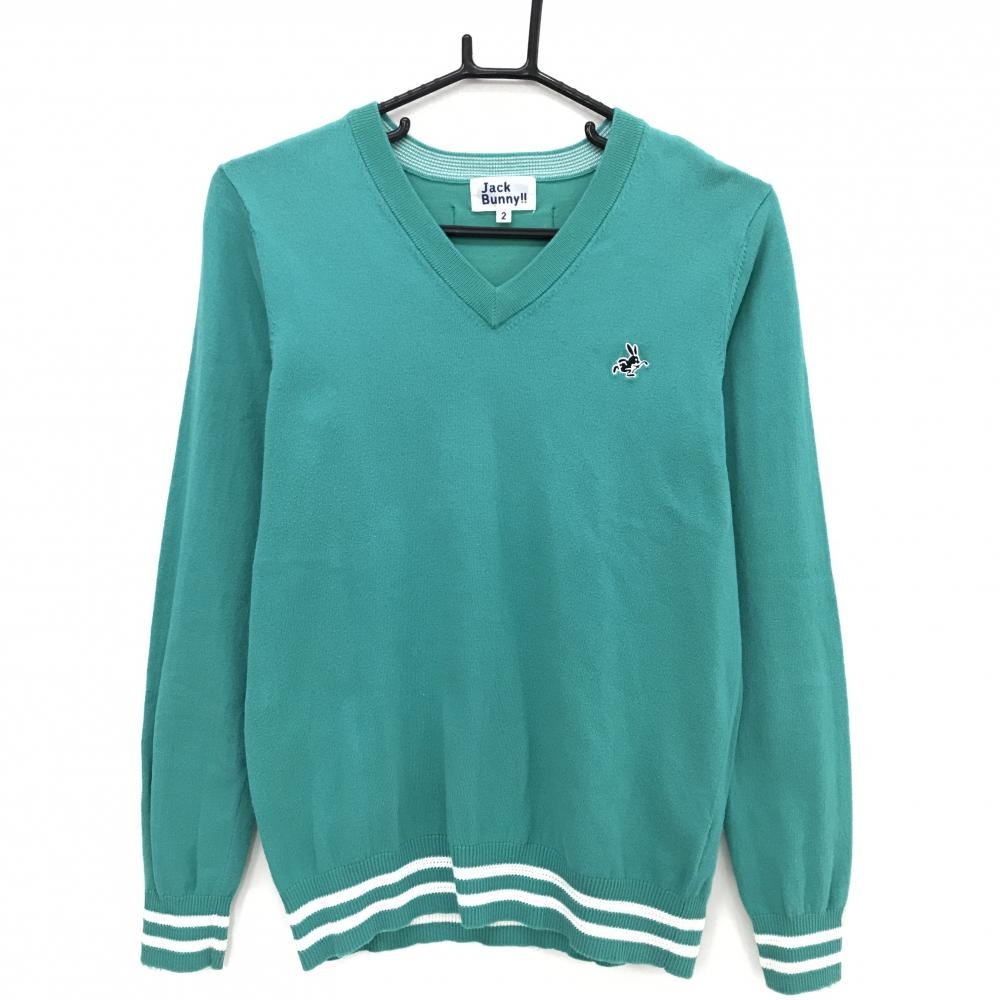 【美品】ジャックバニー セーター グリーン×白 裾・袖口ライン コットン混  レディース 2(L) ゴルフウェア Jack Bunny