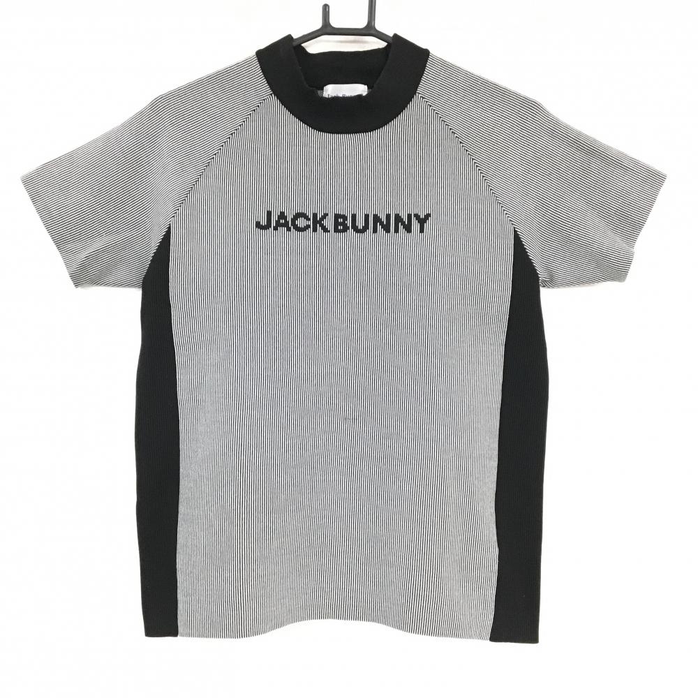 ジャックバニー 半袖ハイネックセーター ライトグレー×黒 細ストライプ モックネック ロゴ レディース 1(M) ゴルフウェア Jack Bunny