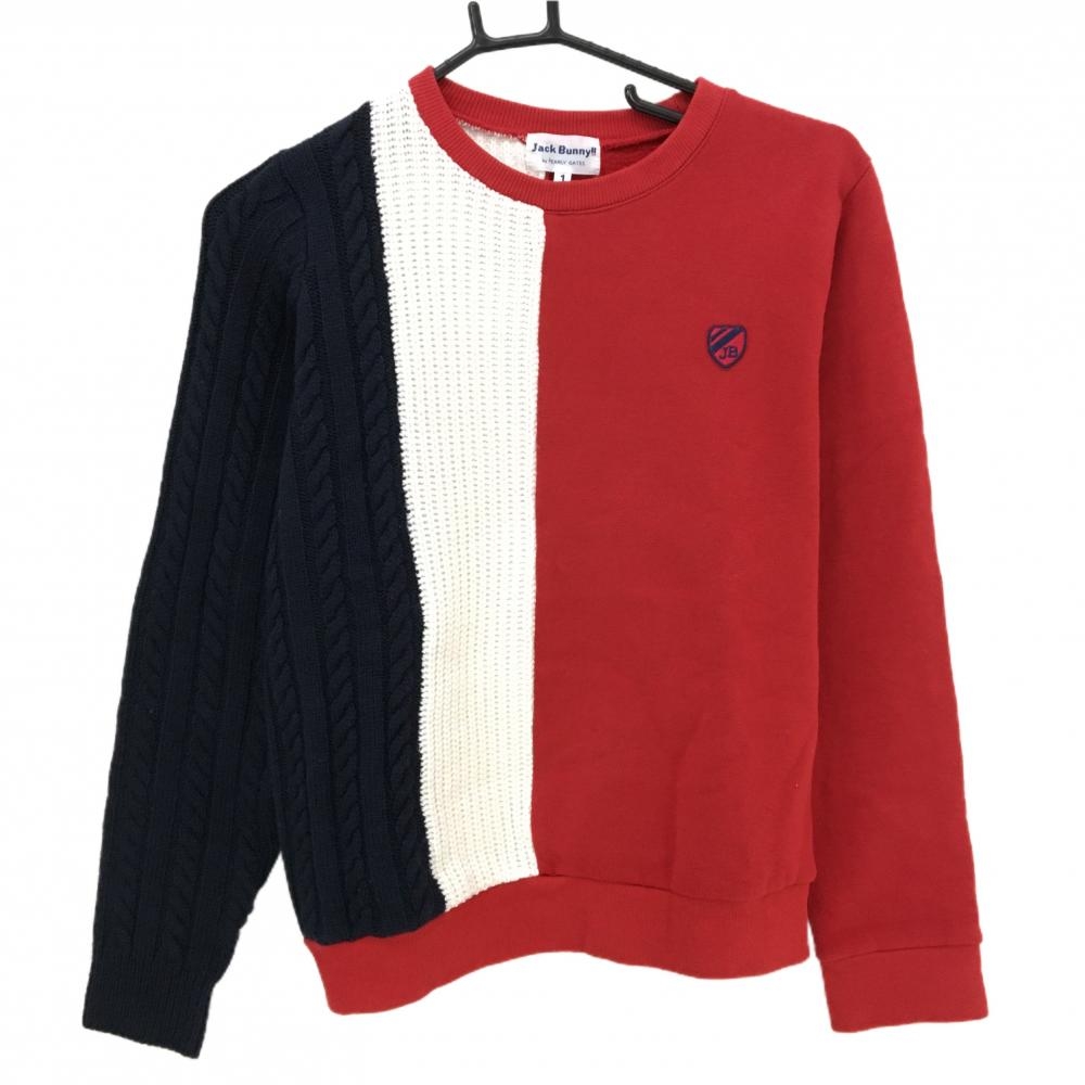 ジャックバニー 切替トレーナー レッド×ネイビー×白 ニット ケーブル編み 一部裏起毛 レディース 1(M) ゴルフウェア Jack Bunny