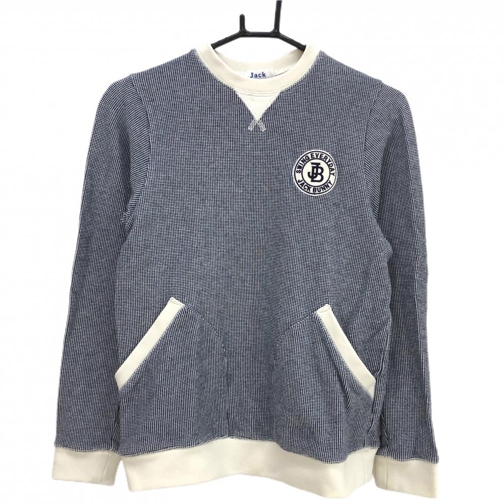 【美品】ジャックバニー トレーナー 白×ネイビー 総柄 コットン100％ ワッペン レディース 1(M) ゴルフウェア Jack Bunny