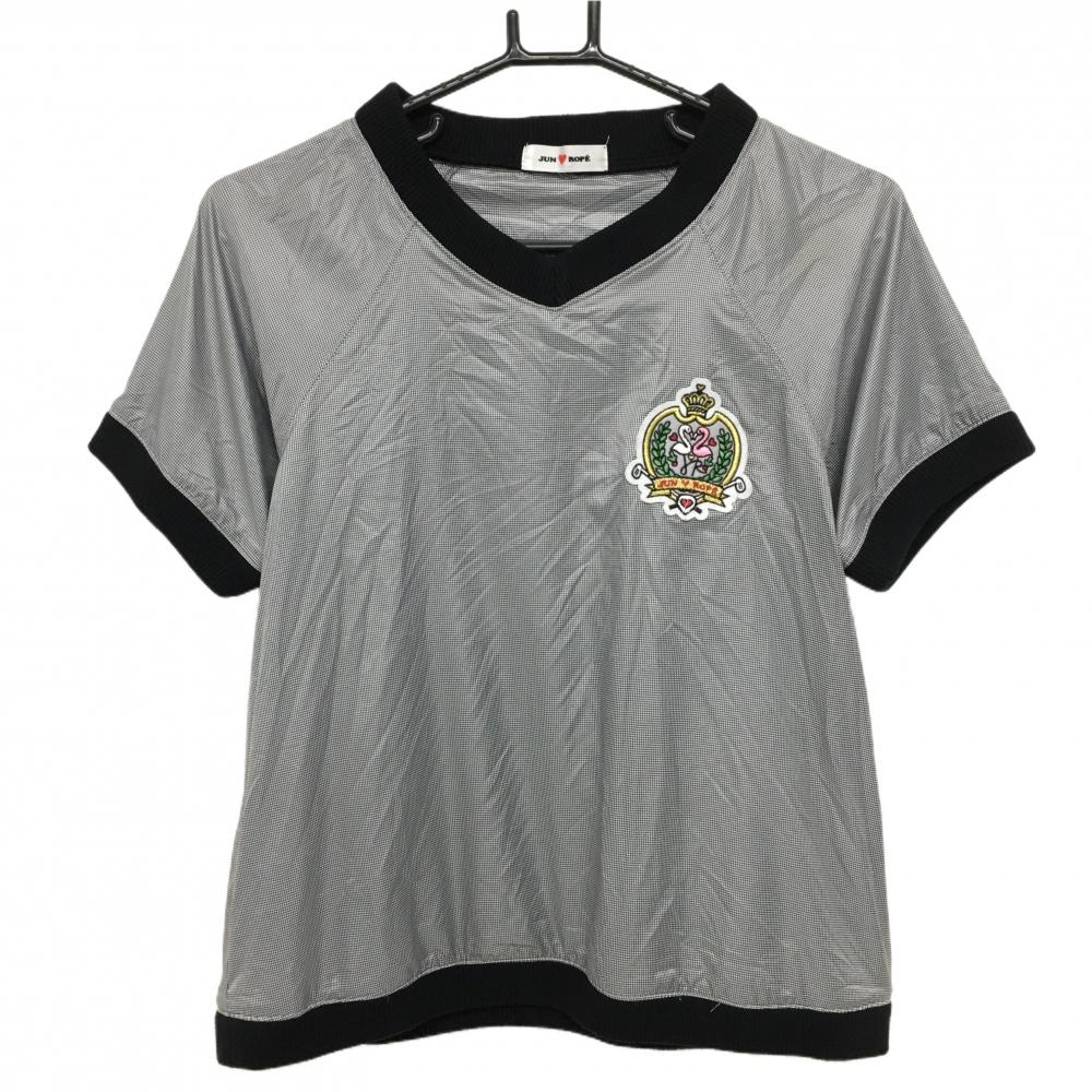 【美品】ジュンアンドロペ 半袖ブルゾン 黒×白 細目チェック 胸ワッペン レディース サイズタグなし ゴルフウェア JUN＆ROPE