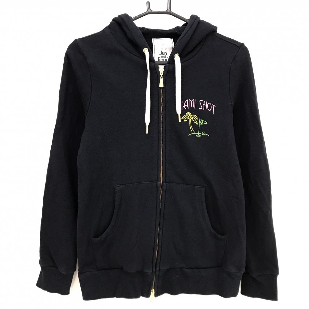 【美品】ジュンアンドロペ ジップパーカー ネイビー×ピンク 刺しゅう ヤシの木 ダブルジップ レディース L ゴルフウェア JUN＆ROPE