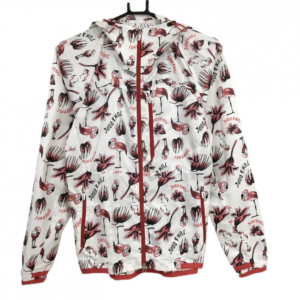 【美品】ジュンアンドロペ ジップパーカー 白×レッド 総柄 シャカシャカ ジャケット レディース  ゴルフウェア サンプル品 JUN＆ROPE