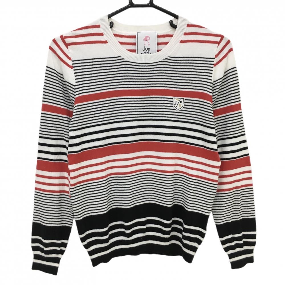 【美品】ジュンアンドロペ セーター 白×黒 ボーダー 胸元ワッペン ニット レディース M ゴルフウェア JUN＆ROPE