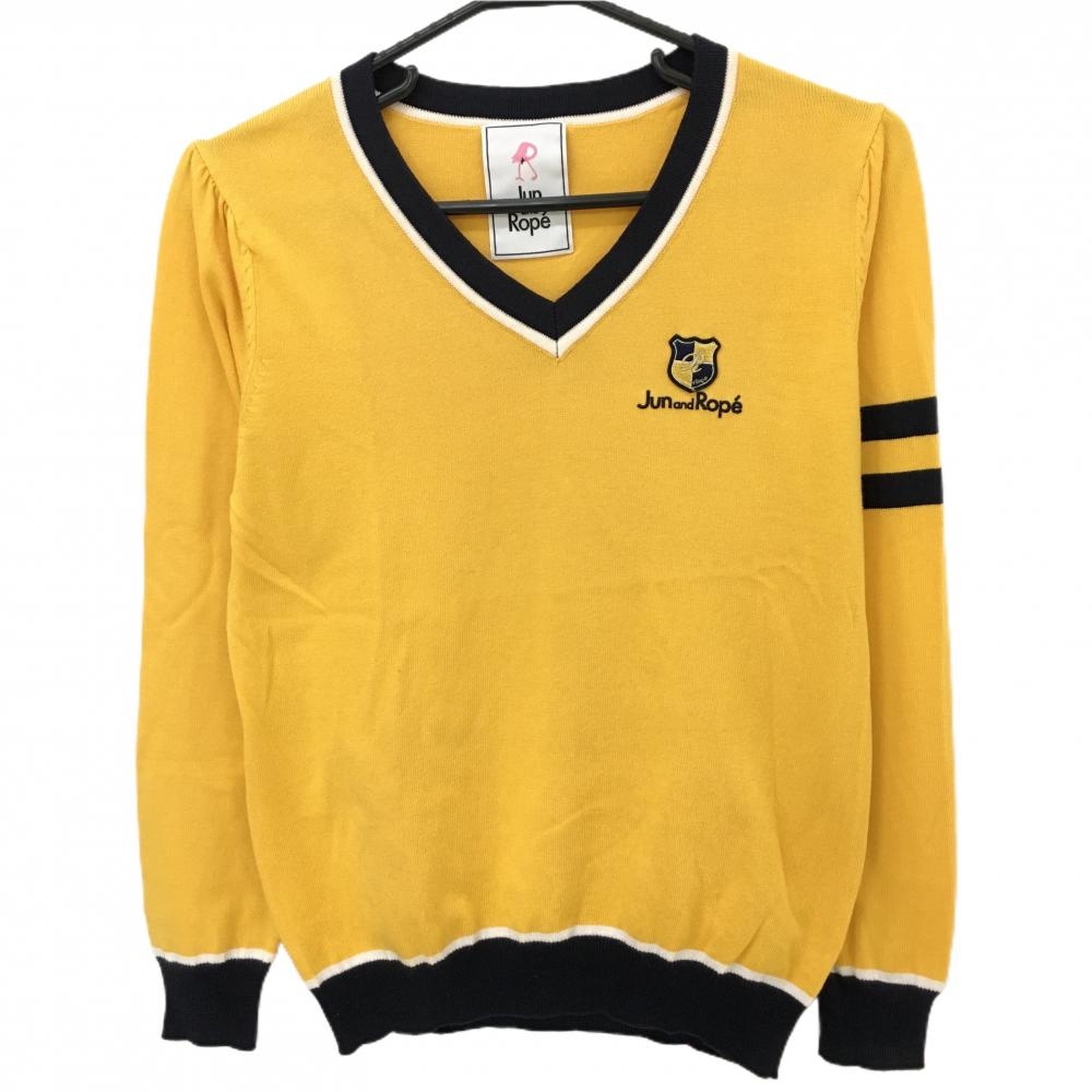 【超美品】ジュンアンドロペ セーター イエロー×ネイビー コットン混 袖ライン ニット レディース L ゴルフウェア JUN＆ROPE