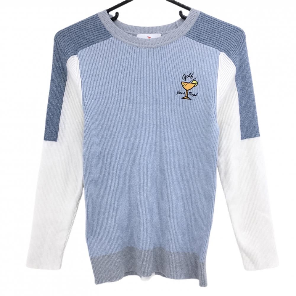 【超美品】ジュンアンドロペ セーター 杢ライトブルー×白 リブニット コットン混 レディース L ゴルフウェア JUN＆ROPE