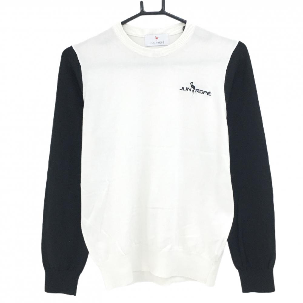 【美品】ジュンアンドロペ セーター 白×黒 ロゴ刺しゅう コットン混 ニット  レディース M ゴルフウェア JUN＆ROPE