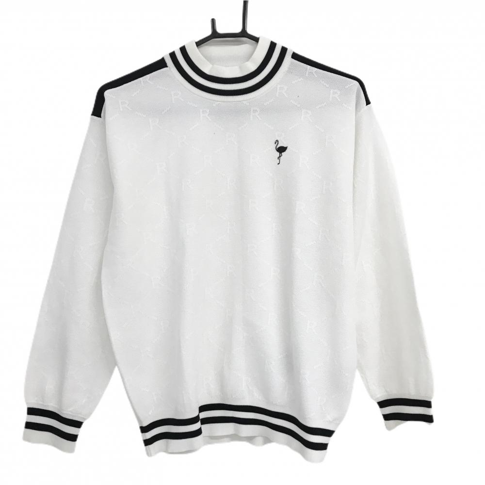 【新品】ジュンアンドロペ ハイネックセーター 白 総柄地模様 コットン混 ロゴ黒 ニット レディース L ゴルフウェア JUN＆ROPE