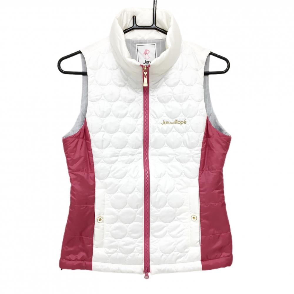 ジュンアンドロペ 中綿ベスト 白×ピンク キルティング ロゴ刺しゅう レディース M ゴルフウェア JUN＆ROPE
