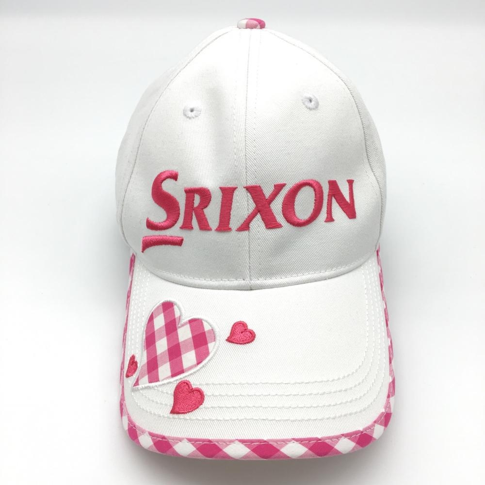 【超美品】SRIXON スリクソン キャップ 白×ピンク ハート 一部チェック レディース F(54-58cm) ゴルフウェア