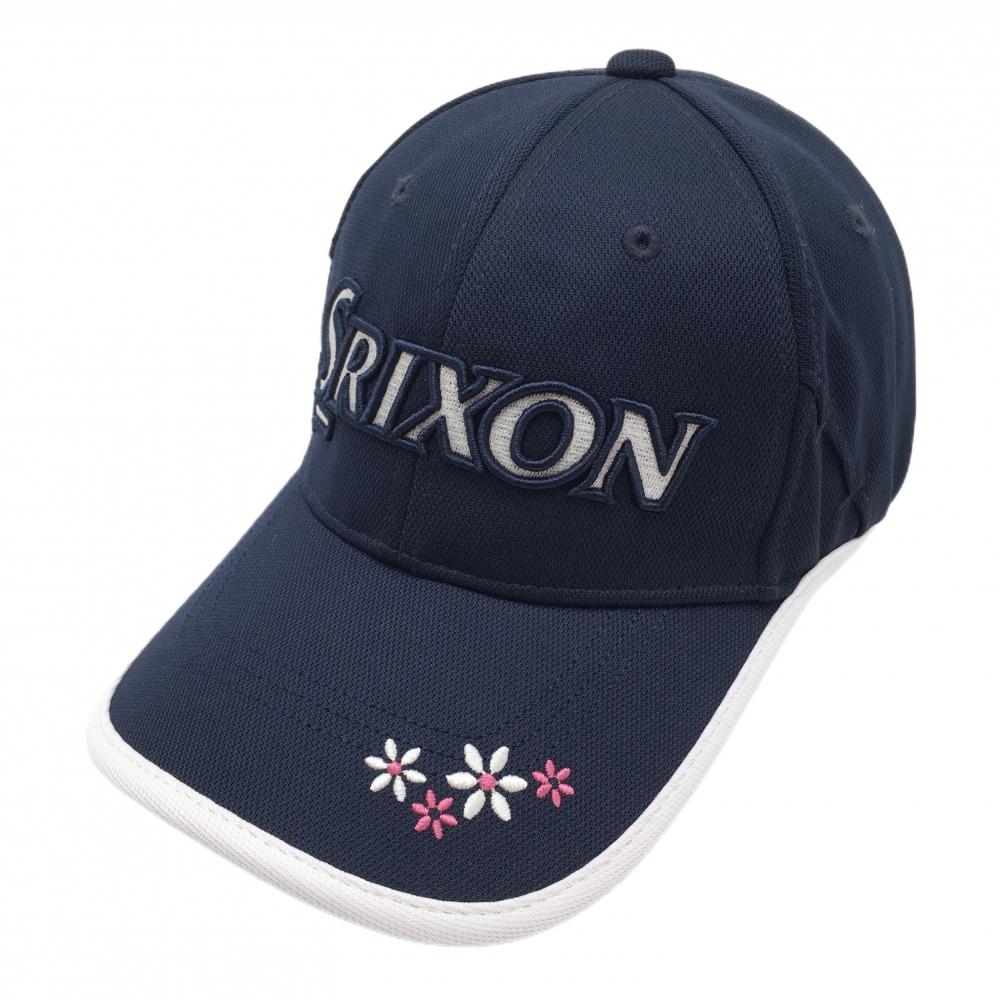 【美品】スリクソン キャップ ネイビー×白 立体ロゴ つば花刺しゅう レディース フリーサイズ(54-58cm) ゴルフウェア SRIXON
