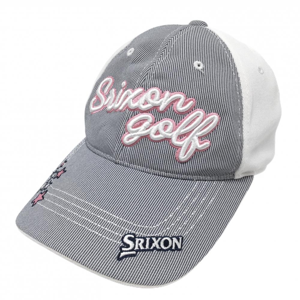 【超美品】スリクソン キャップ 白×ネイビー 一部細ストライプ 立体ロゴ刺しゅう  レディース フリーサイズ(54-58cm) ゴルフウェア SRIXON