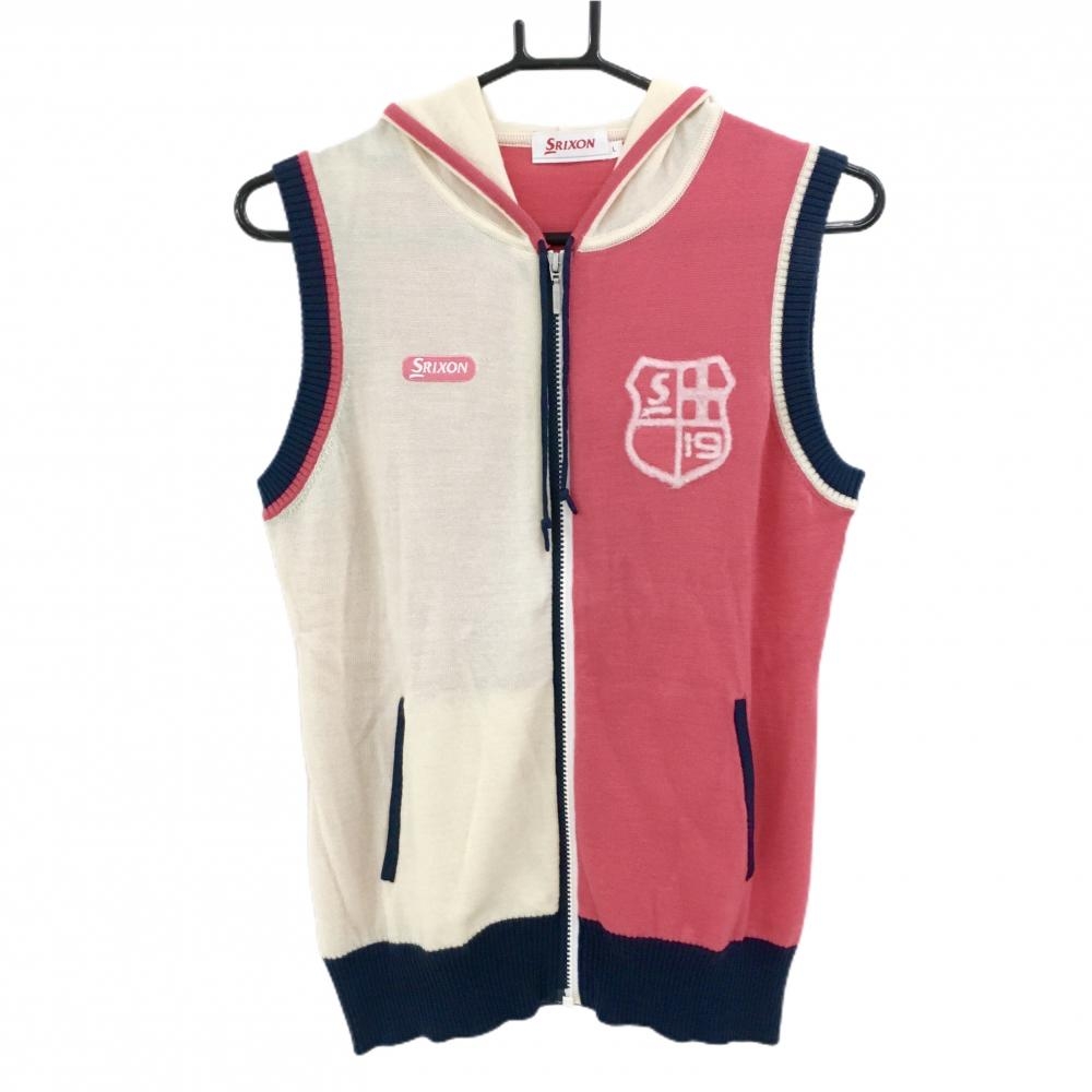 【超美品】スリクソン ニットジップベスト ピンク×白 フード付 バイカラー レディース L ゴルフウェア SRIXON