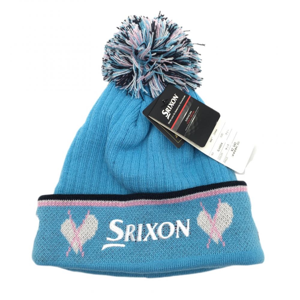 【新品】スリクソン ニット帽 ライトブルー×白 一部ハート柄 アクリル100％ ボンボン付 レディース  ゴルフウェア SRIXON