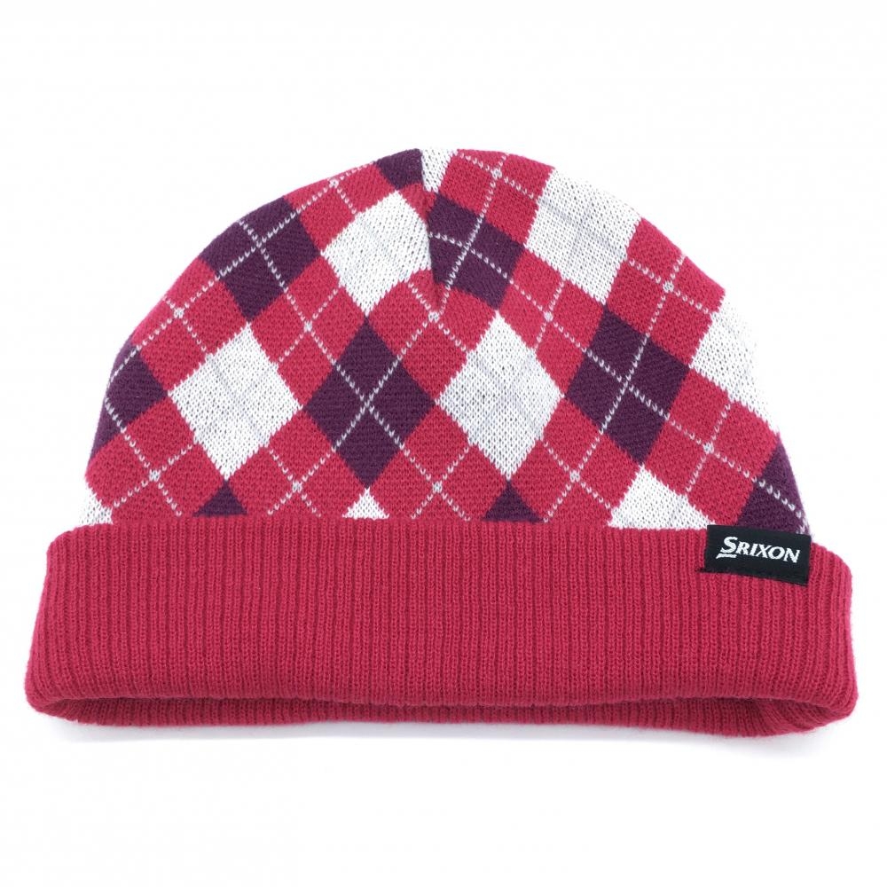 【超美品】スリクソン ニット帽 ピンク×白 アーガイル アクリル100％ レディース フリーサイズ ゴルフウェア SRIXON