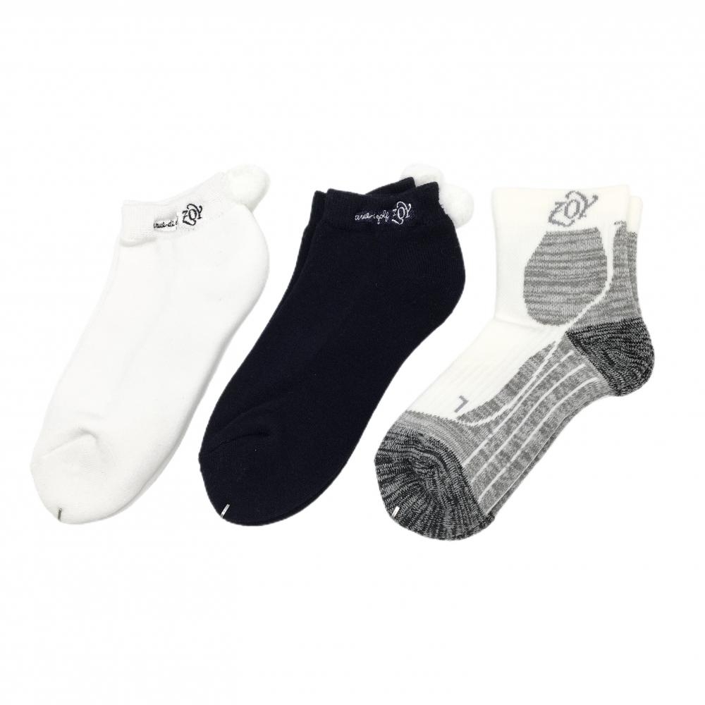 【新品】ゾーイ ソックス3点セット 白×黒×グレー ロゴ ボンボン付 レディース  ゴルフウェア ZOY