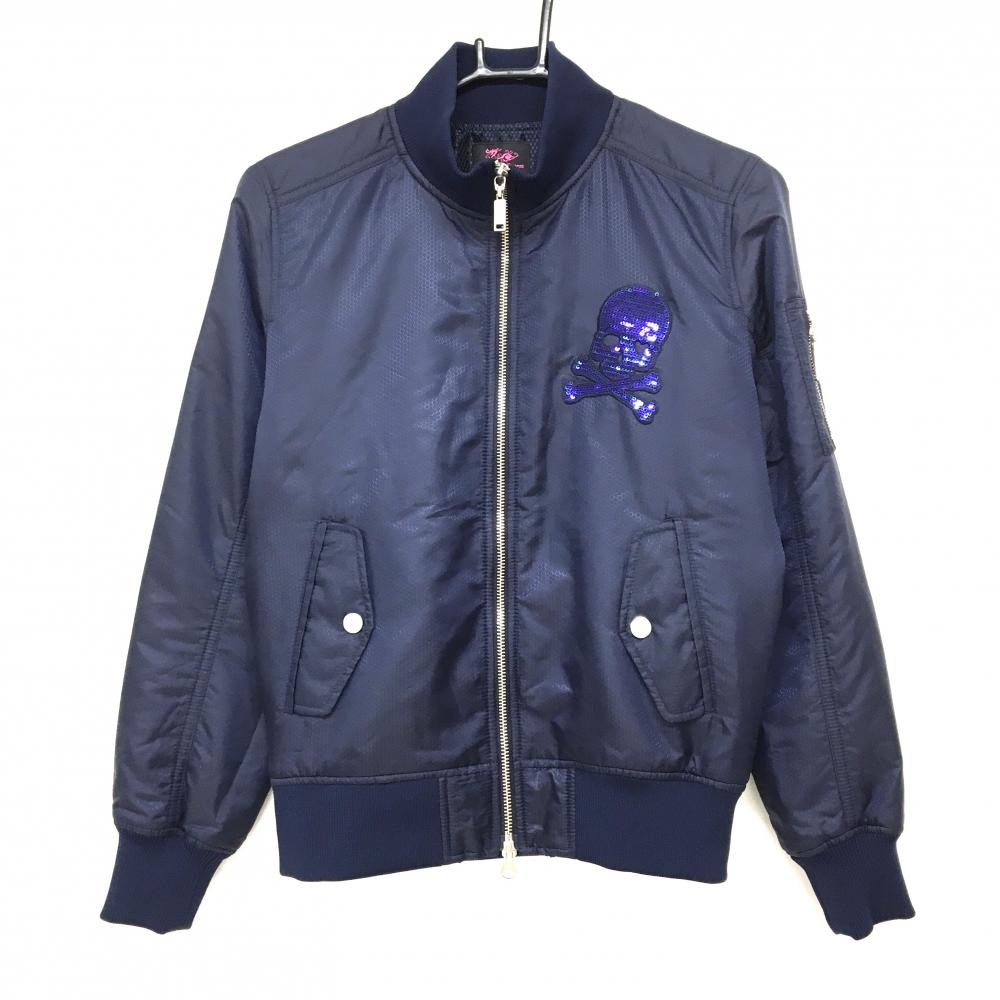 【超美品】ダンスウィズドラゴン 中綿ジャケット ネイビー スパンコールスカル レディース 2(M) ゴルフウェア Dance With Dragon