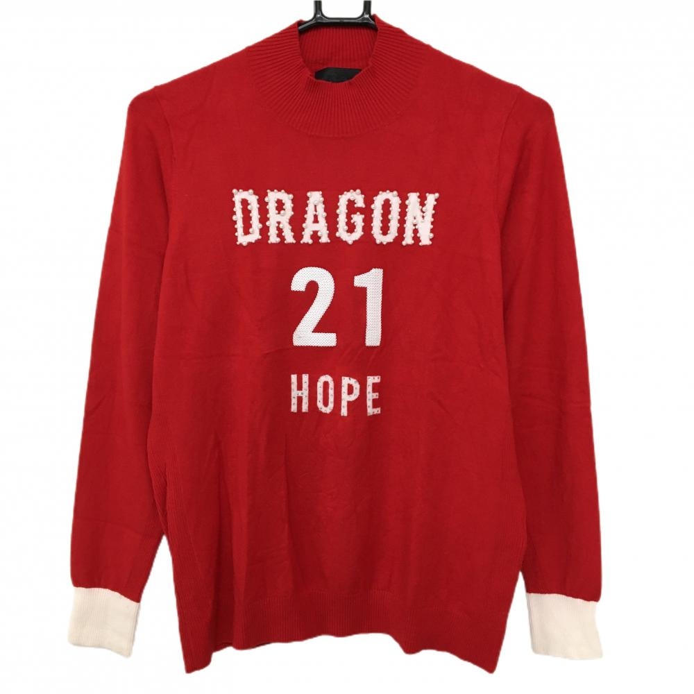 【美品】ダンスウィズドラゴン ハイネックセーター レッド×白 フロントロゴ レディース 3(L) ゴルフウェア Dance With Dragon