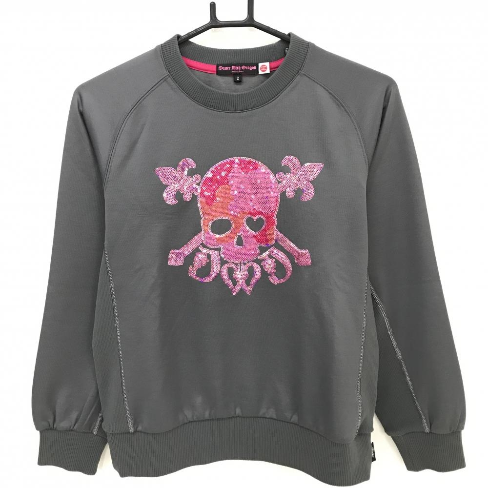 【美品】ダンスウィズドラゴン トレーナー グレー×ピンク スパンコールスカル レディース 2(M) ゴルフウェア Dance With Dragon