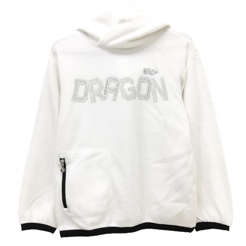 【超美品】ダンスウィズドラゴン フリースパーカー 白 ラインストーンロゴ  レディース 2(M) ゴルフウェア Dance With Dragon