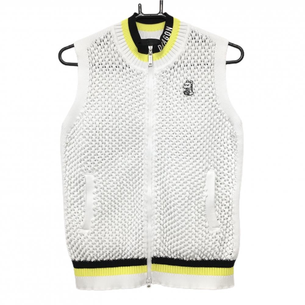 【美品】ダンスウィズドラゴン ニットベスト 白×黒×イエロー 凹凸生地  レディース 2(M) ゴルフウェア 2023年モデル Dance With Dragon