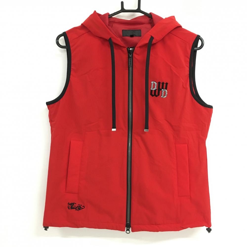【新品】ダンスウィズドラゴン フード付ジップベスト レッド×黒 裏微起毛 レディース 4(XL) ゴルフウェア Dance With Dragon