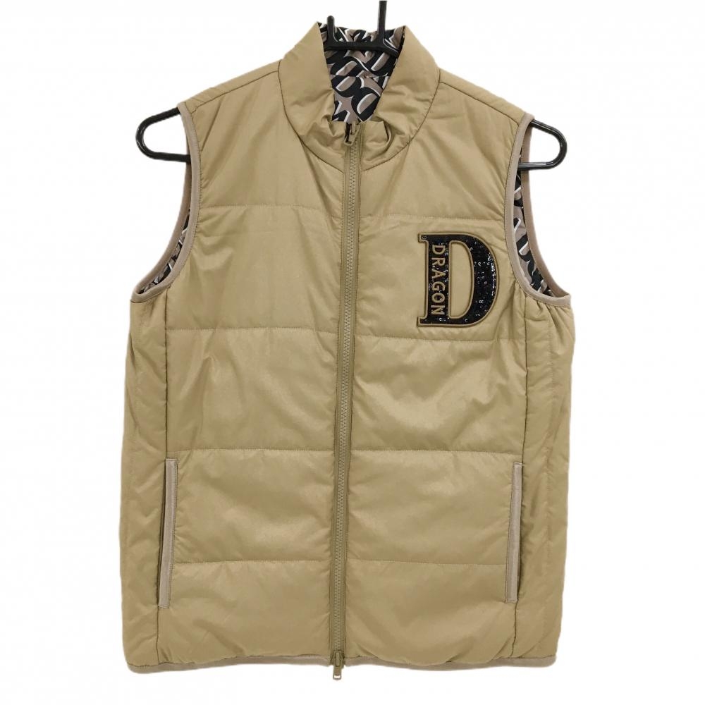 【新品】ダンスウィズドラゴン 中綿リバーシブルベスト ベージュ×黒 裏英字総柄 レディース 2(M) ゴルフウェア Dance With Dragon