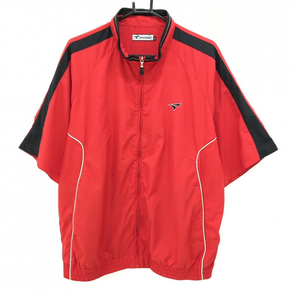 【超美品】ツアーステージ 半袖ブルゾン レッド×黒 地模様 袖ライン ロゴ刺しゅう 大きいサイズ レディース 3L ゴルフウェア TOURSTAGE
