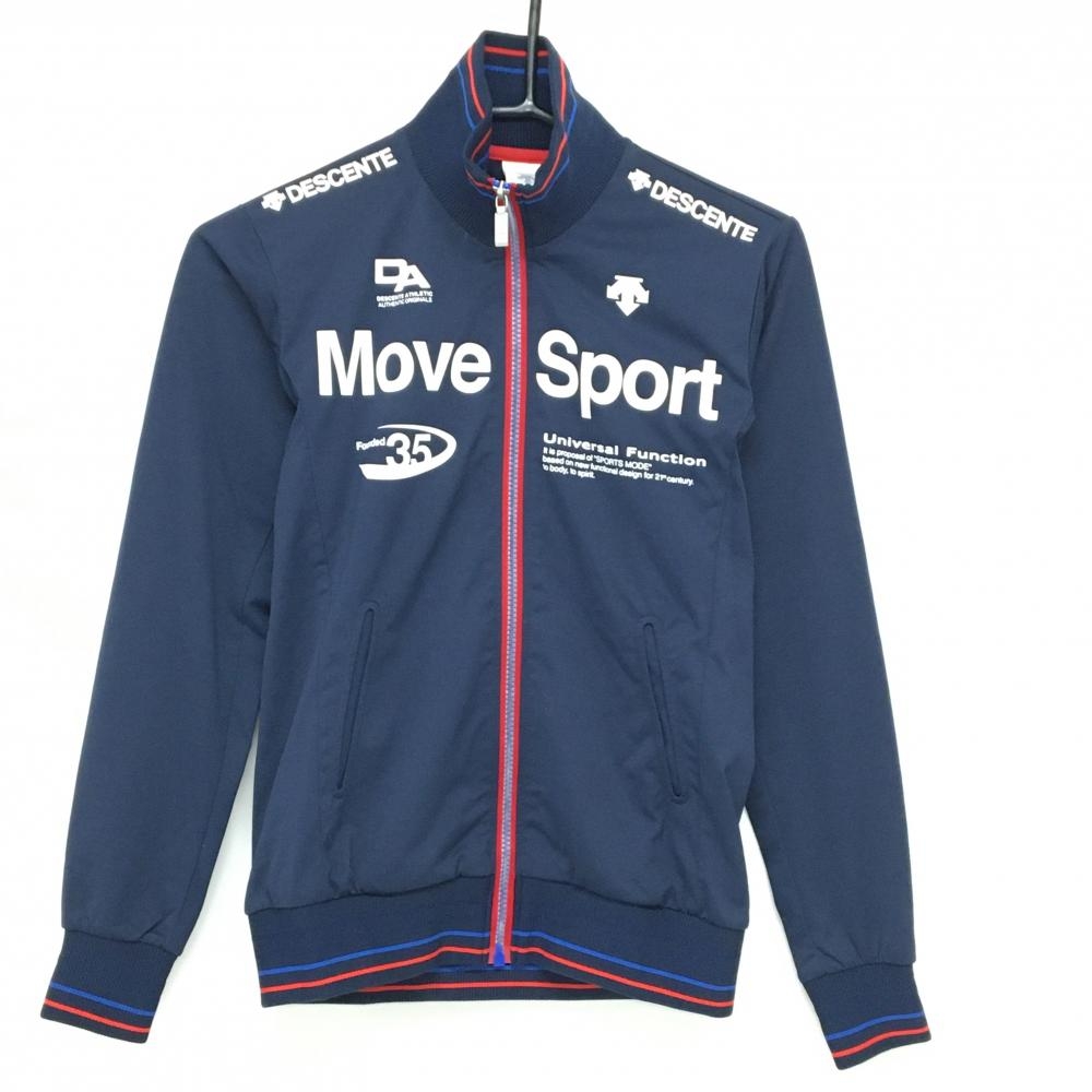 【超美品】デサント ジャケットブルゾン ネイビー×白 フロントプリント ネック・袖口ライン レディース S ゴルフウェア DESCENTE