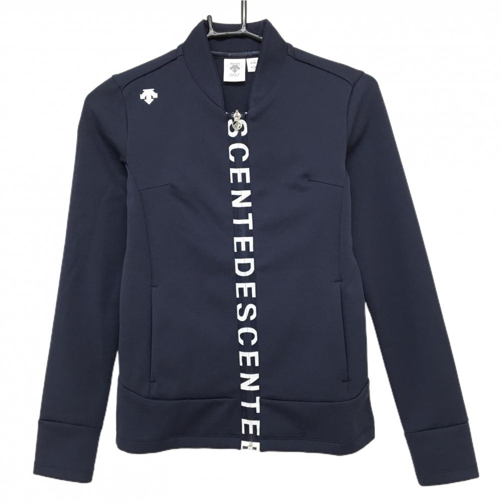 【超美品】デサントゴルフ ジャケット ネイビー×白 ファスナー部ロゴ 肩ロゴ立体 レディース S ゴルフウェア DESCENTE