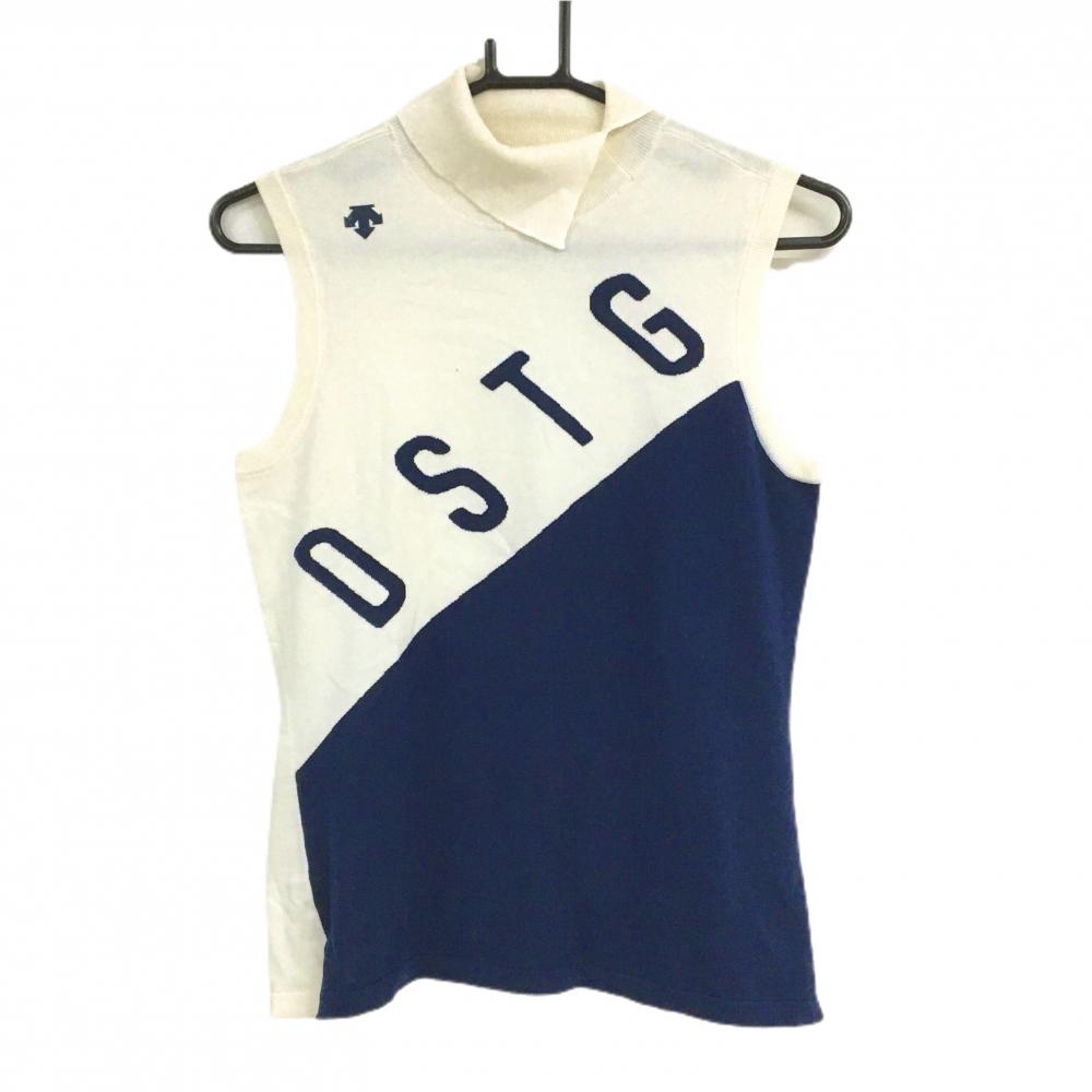 デサントゴルフ ノースリーブセーター 白×ネイビー 肩ロゴ ニット 中田英寿 レディース M ゴルフウェア DESCENTE