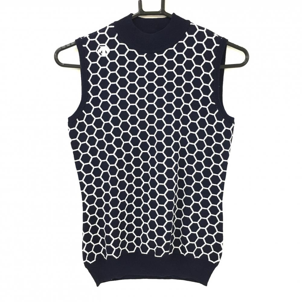 【超美品】デサントゴルフ ノースリーブハイネックセーター ネイビー×白 総柄 ヘキサゴン 肩ロゴ レディース M ゴルフウェア DESCENTE