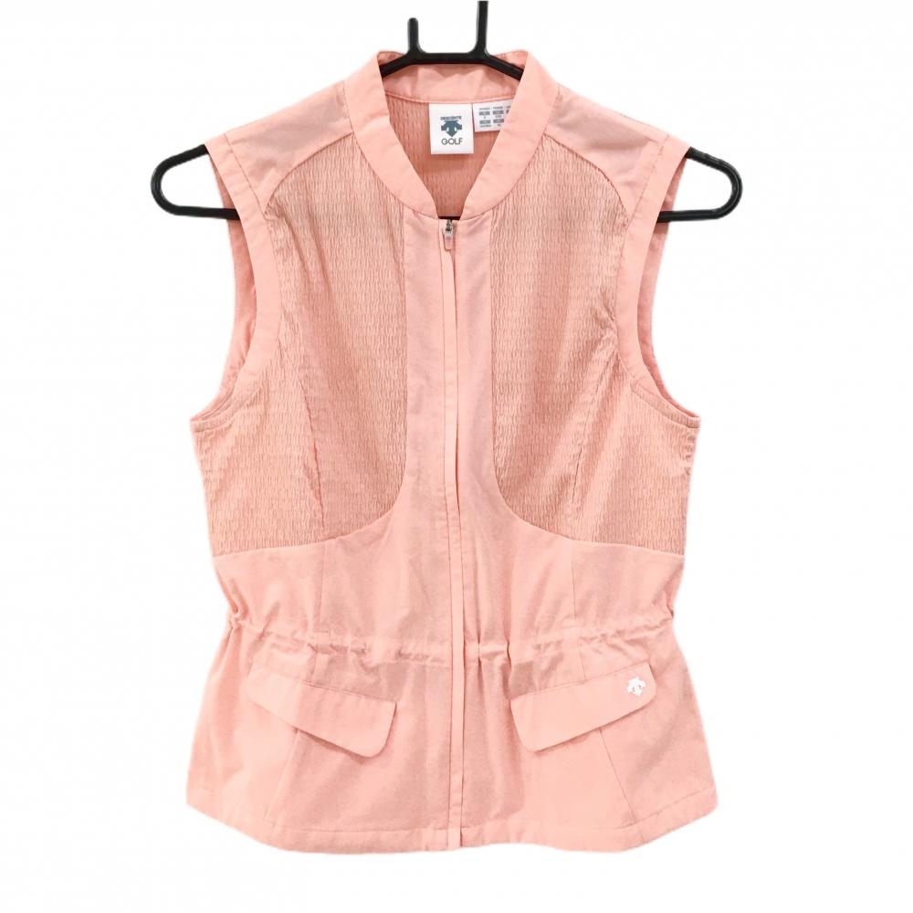 【美品】デサントゴルフ アウターベスト サーモンピンク 上部織生地 韓国モデル ナイロン混 薄手 レディース S ゴルフウェア DESCENTE