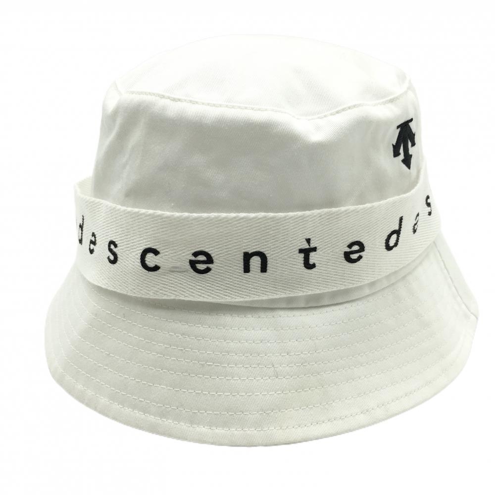 【美品】デサント バケットハット 白 ロゴリボン  レディース F(55-57cm) ゴルフウェア DESCENTE