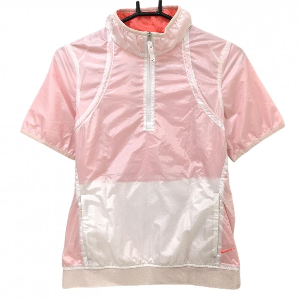 ナイキゴルフ 半袖ジャケット 白×ピンクオレンジ ロゴ刺しゅう メッシュ裏地 レディース M ゴルフウェア NIKE