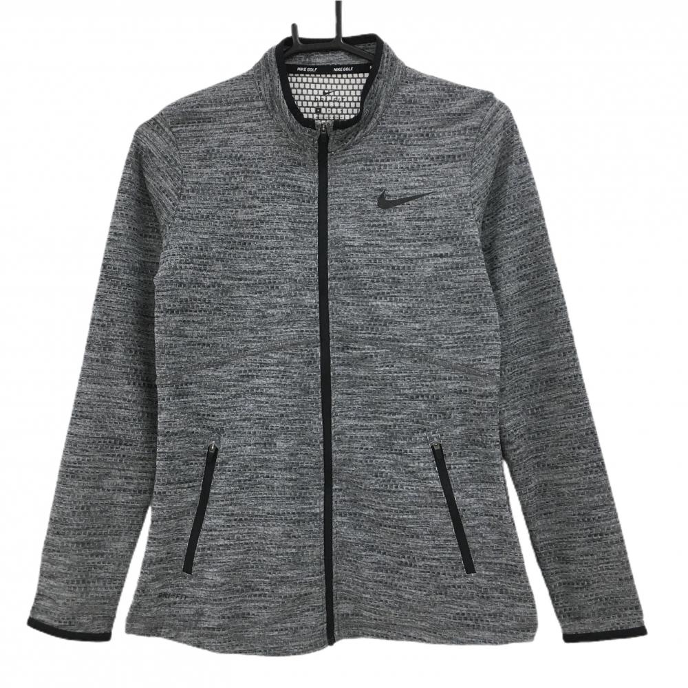 【超美品】ナイキ ジャケットブルゾン 杢ダークグレー×黒 総柄地模様 薄手 DRI-FIT レディース M ゴルフウェア NIKE