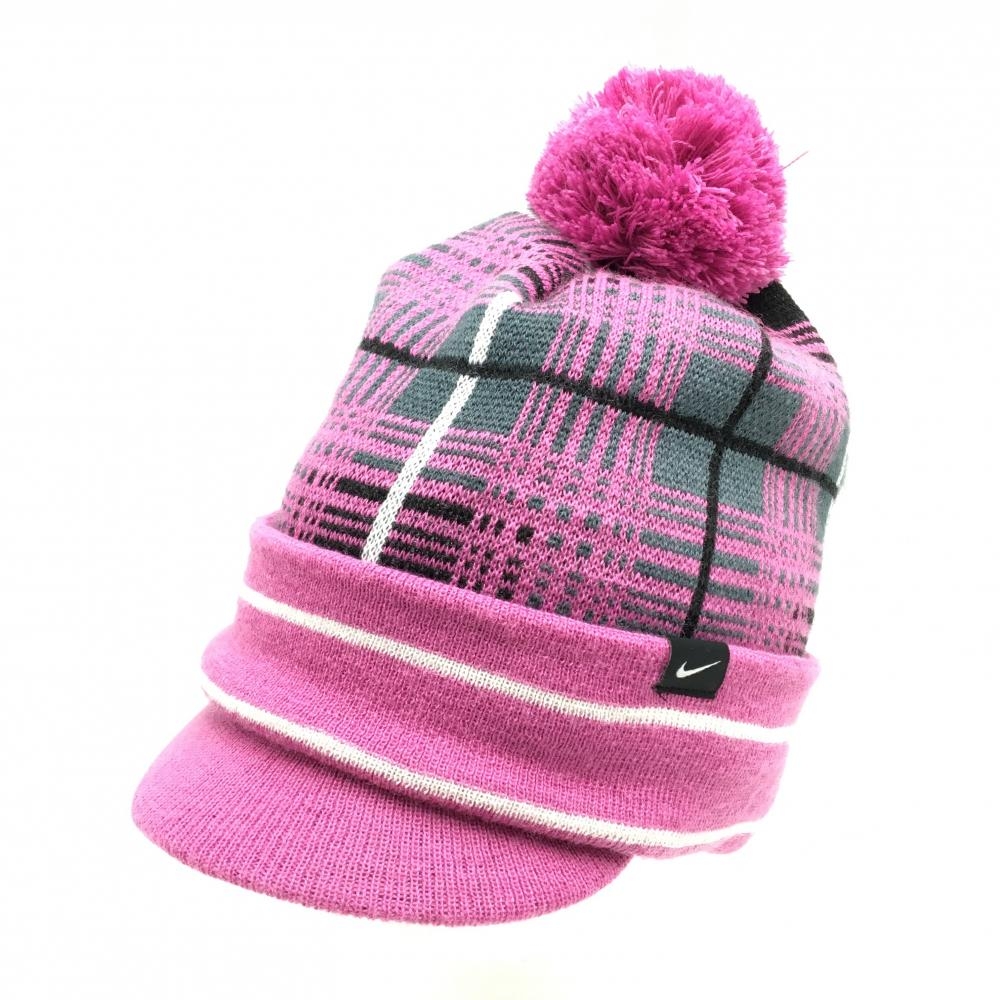 【美品】ナイキ つば付きニット帽 ピンク×グレー チェック ボンボン付き レディース FREE ゴルフウェア NIKE