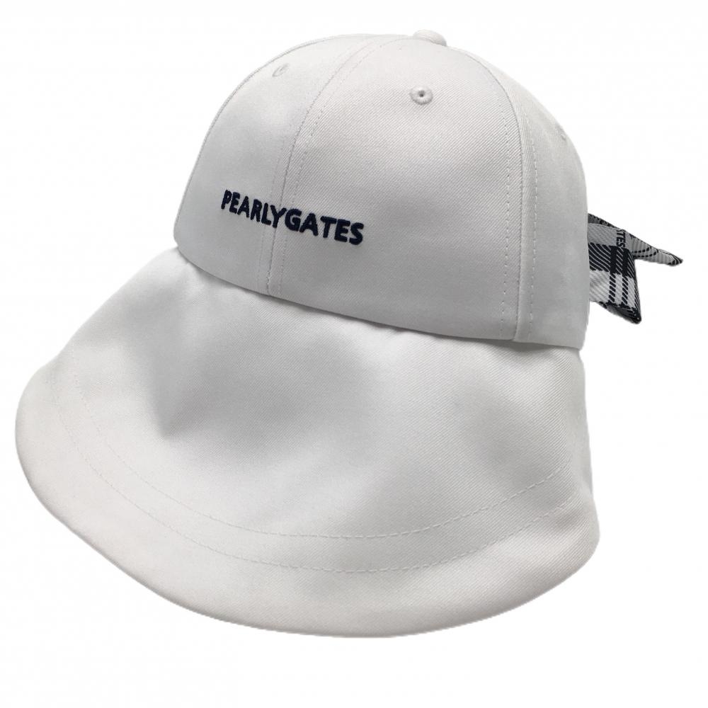 【超美品】パーリーゲイツ つば広キャップ 白×ネイビー ロゴ刺しゅう 後ろリボン  レディース FR ゴルフウェア 2023年モデル PEARLY GATES
