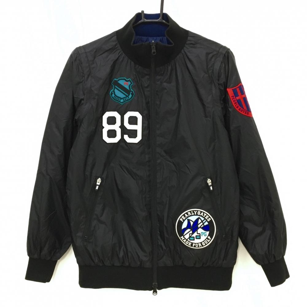 【美品】パーリーゲイツ 中綿リバーシブルジャケット 黒 ワッペン 裏ネイビー 袖着脱可  レディース 1(M) ゴルフウェア PEARLY GATES