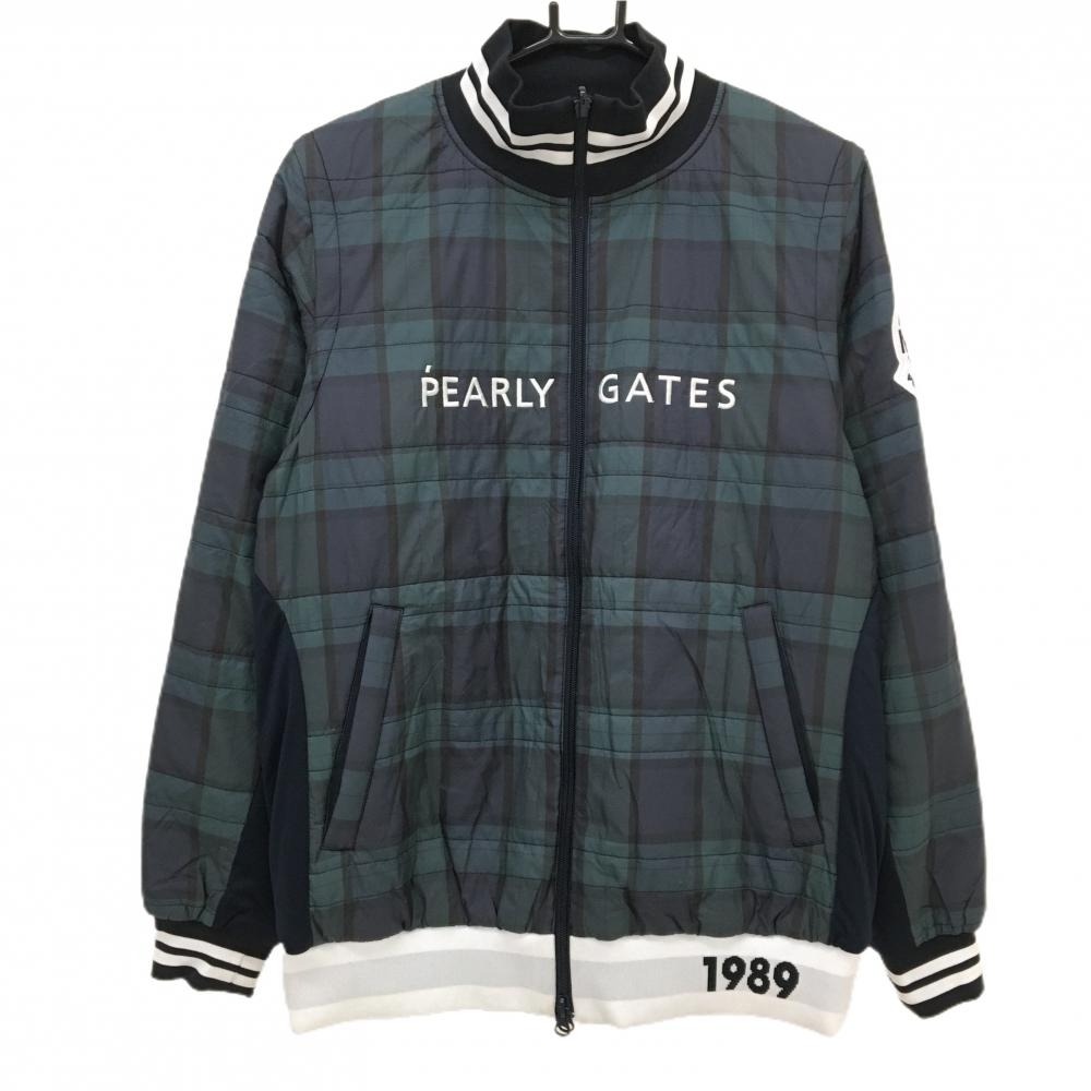 【美品】パーリーゲイツ 4WAY中綿リバーシブルジャケット グリーン×ネイビー チェック 裏白  レディース 2(L) ゴルフウェア PEARLY GATES